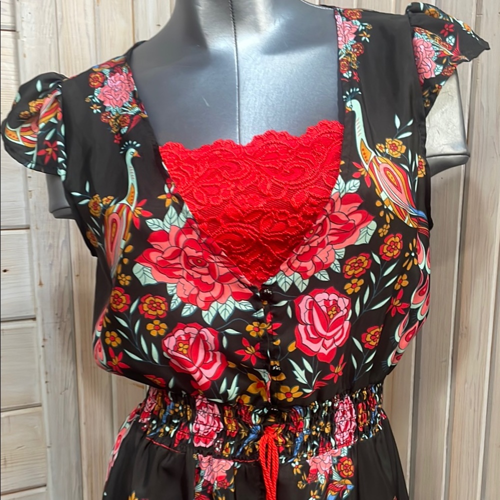 Black, Red and Pink Asymmetric Button Down Maxi Dress - Picture 2 of 9